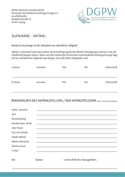 Bisheriger Aufnahmeantrag als PDF: in Druckschrift ausfüllen, von zwei Bürgen unterschreiben lassen und an die Geschäftsstelle senden